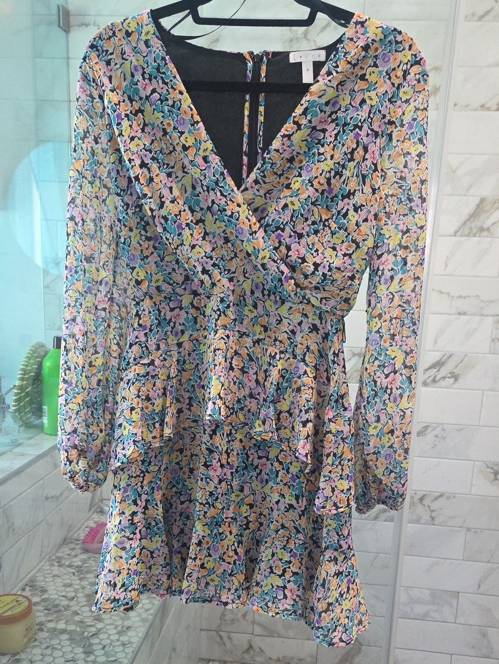 Leith Floral V-Neck Dress in Black with Yellow, Pink, Blue and Purple NWOT